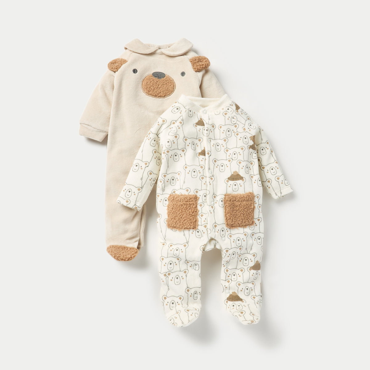 Juniors Bear Print Velour Closed Feet Sleepsuit with Button Closure - Set of 2