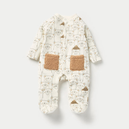 Juniors Bear Print Velour Closed Feet Sleepsuit with Button Closure - Set of 2