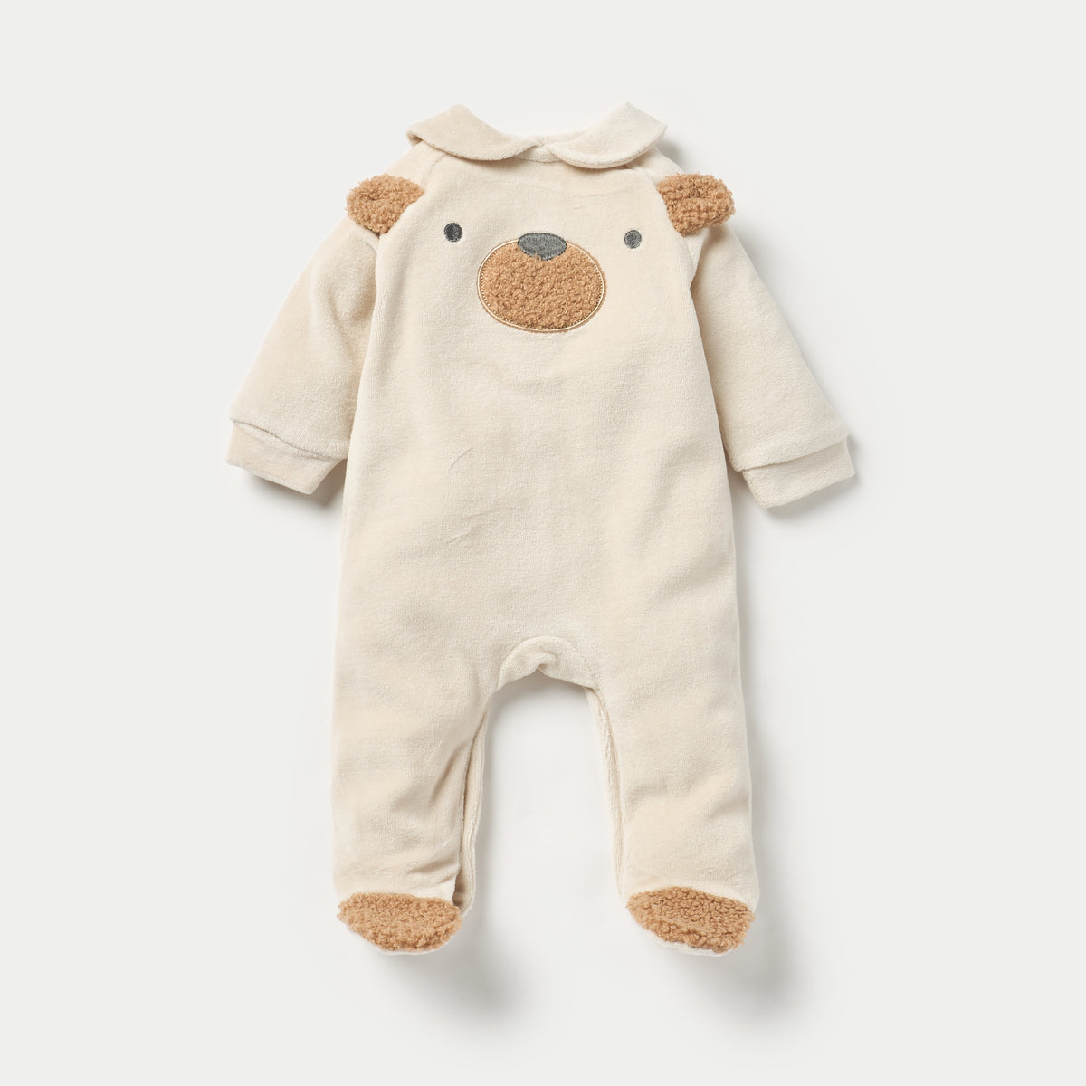 Juniors Bear Print Velour Closed Feet Sleepsuit with Button Closure - Set of 2