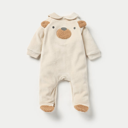 Juniors Bear Print Velour Closed Feet Sleepsuit with Button Closure - Set of 2