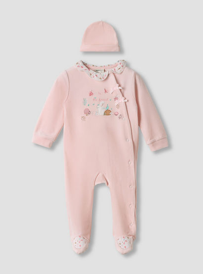 Juniors Embroidered Velour Closed Feet Sleepsuit with Cap-baby-girls-clothing-nightwear-sleepsuits-image-1