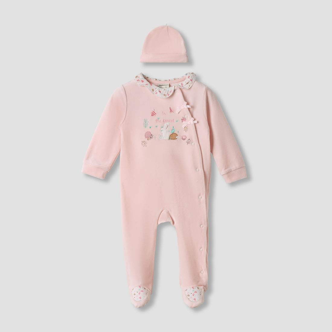 Juniors Embroidered Velour Closed Feet Sleepsuit with Cap - Pink / 9-12 mths