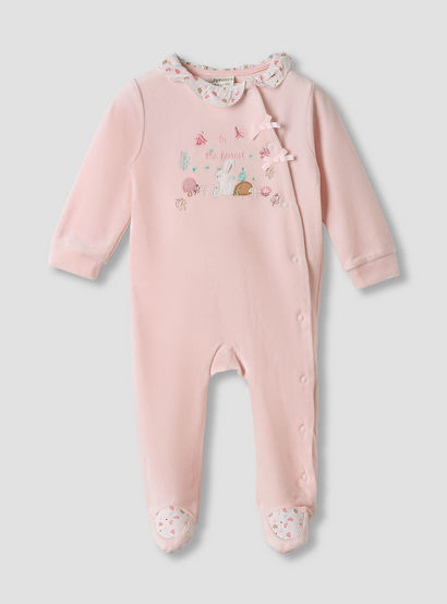 Juniors Embroidered Velour Closed Feet Sleepsuit with Cap-baby-girls-clothing-nightwear-sleepsuits-image-2
