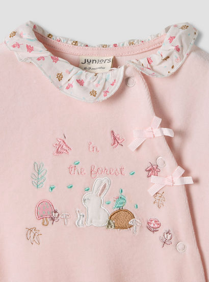 Juniors Embroidered Velour Closed Feet Sleepsuit with Cap-baby-girls-clothing-nightwear-sleepsuits-image-4