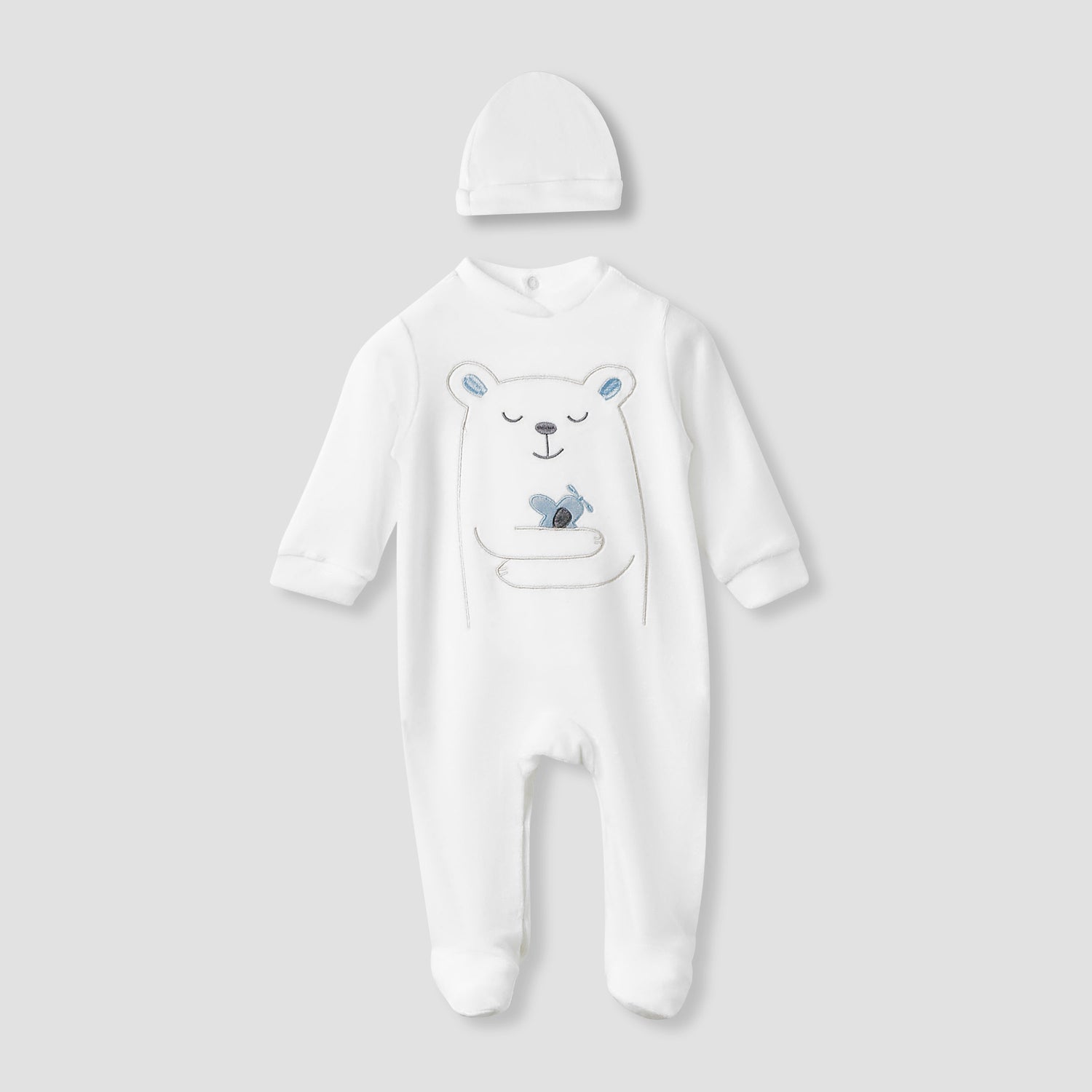 Juniors Collared Neck Sleepsuit with Beanie - Velour - Long Sleeves - White / 9-12 mths