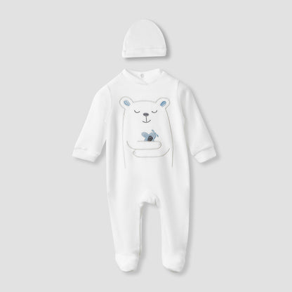 Juniors Collared Neck Sleepsuit with Beanie - Velour - Long Sleeves - White / 9-12 mths
