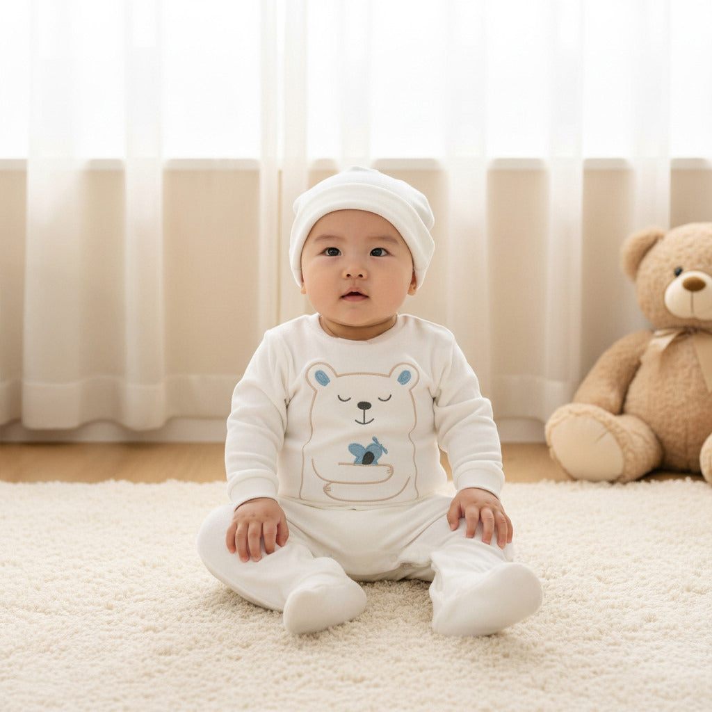 Juniors Collared Neck Sleepsuit with Beanie - Velour - Long Sleeves
