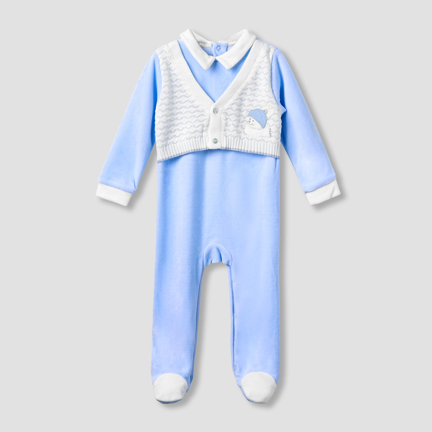 Giggles Collared Sleepsuit with Long Sleeves - Velour - Long Sleeves - Blue / 9-12 mths