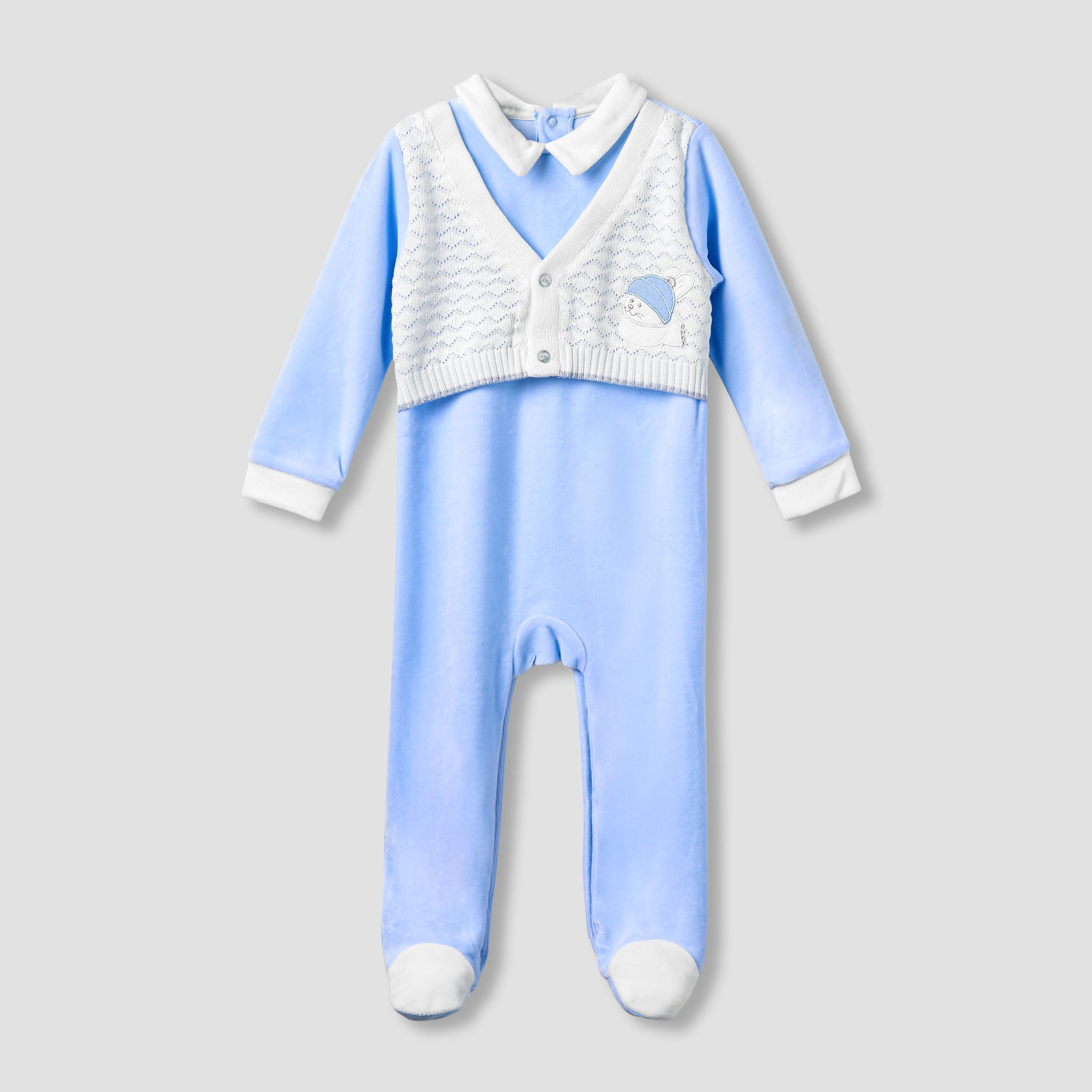 Giggles Collared Sleepsuit with Long Sleeves - Velour - Long Sleeves - Blue / 9-12 mths
