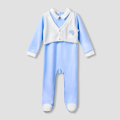 Giggles Collared Sleepsuit with Long Sleeves - Velour - Long Sleeves - Blue / 9-12 mths