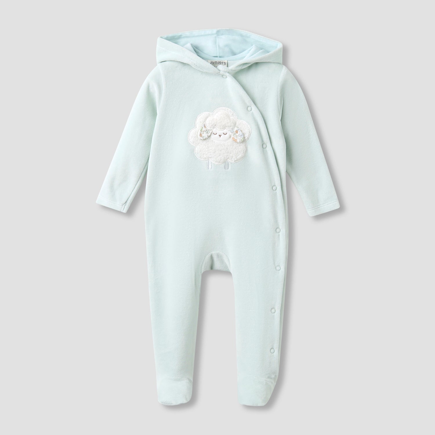 Juniors Hooded Closed Foot Sleepsuit with Sheep Applique - Velour - Long Sleeves - Green / 9-12 mths