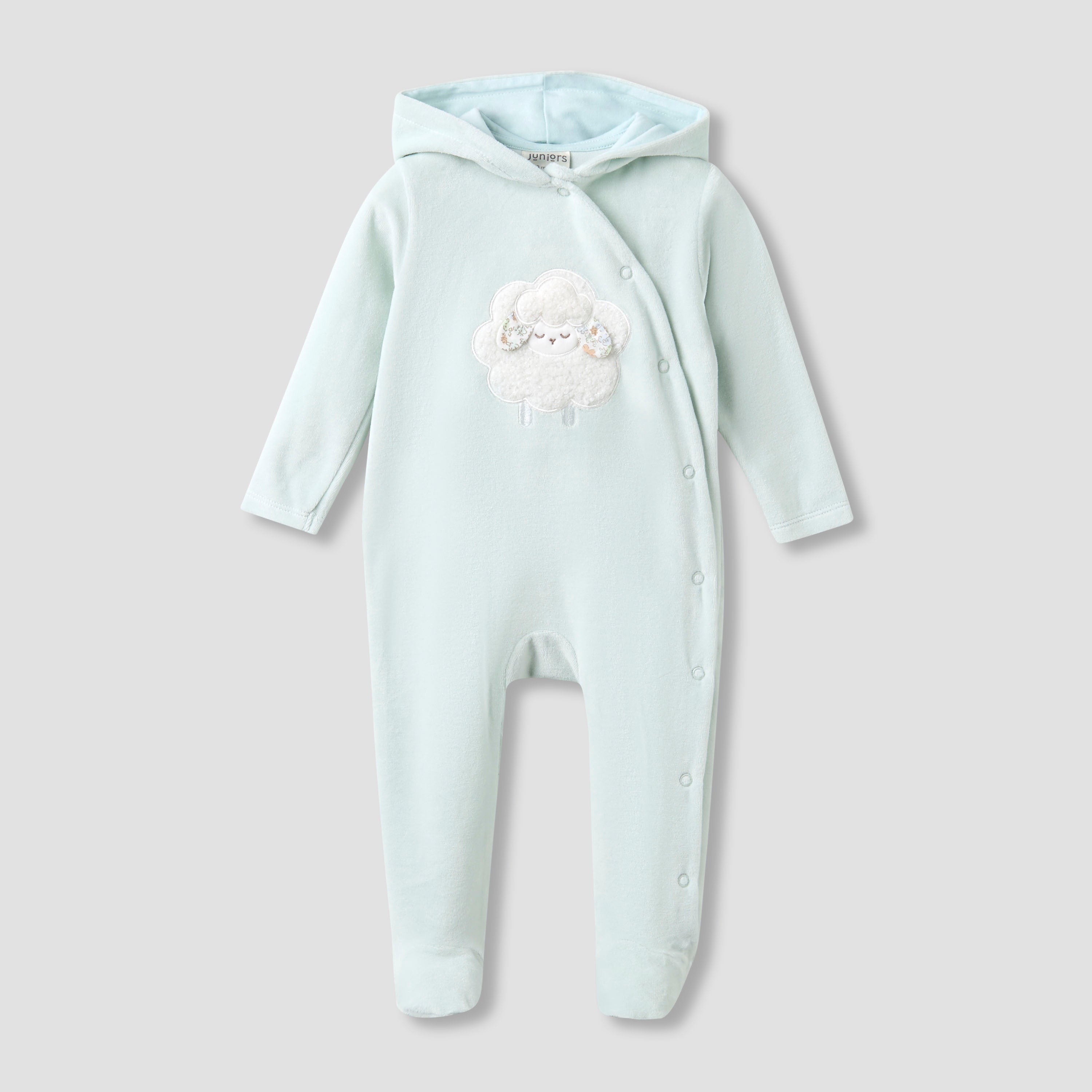 Juniors Hooded Closed Foot Sleepsuit with Sheep Applique - Velour - Long Sleeves - Green / 9-12 mths