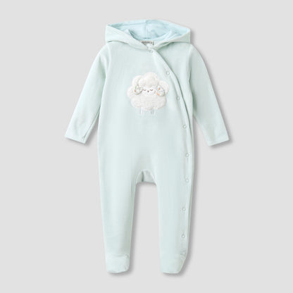 Juniors Hooded Closed Foot Sleepsuit with Sheep Applique - Velour - Long Sleeves - Green / 9-12 mths