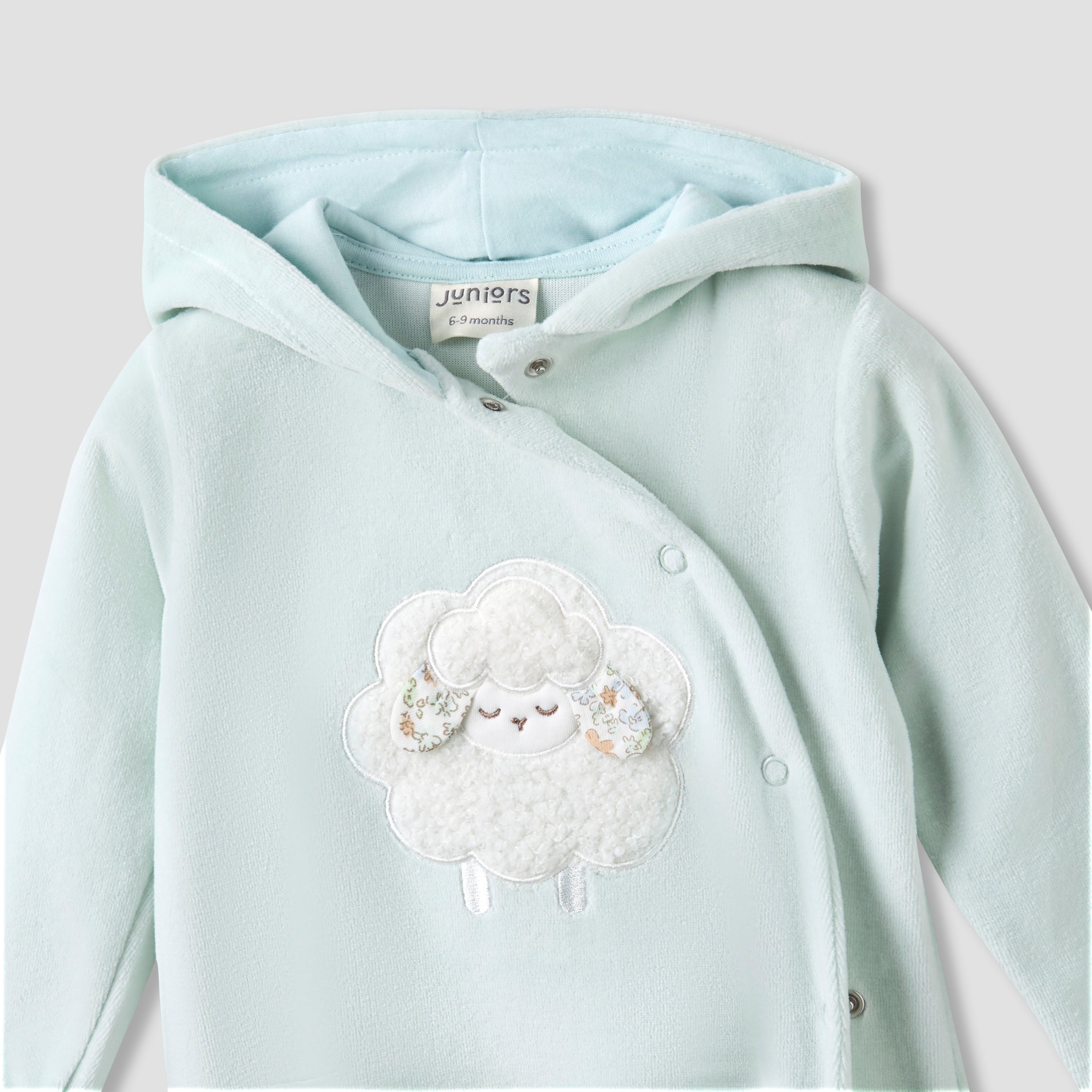Juniors Hooded Closed Foot Sleepsuit with Sheep Applique - Velour - Long Sleeves