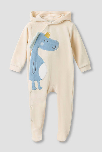 Juniors Hooded Closed Foot Sleepsuit with Dinosaur Applique - Velour - Long Sleeves