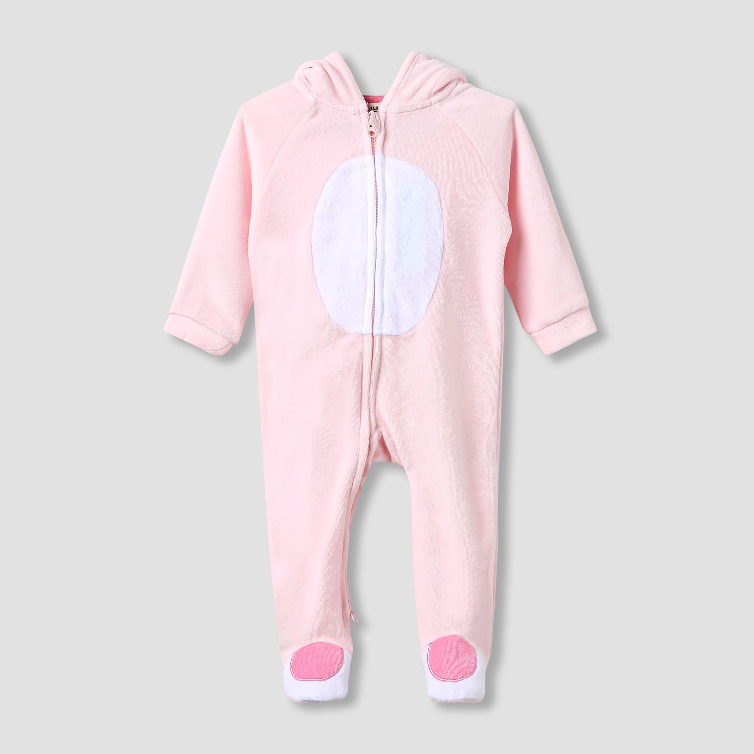 Juniors Hooded Neck Sleepsuit with Closed Feet - Velour - Long Sleeves - Pink / 9-12 mths
