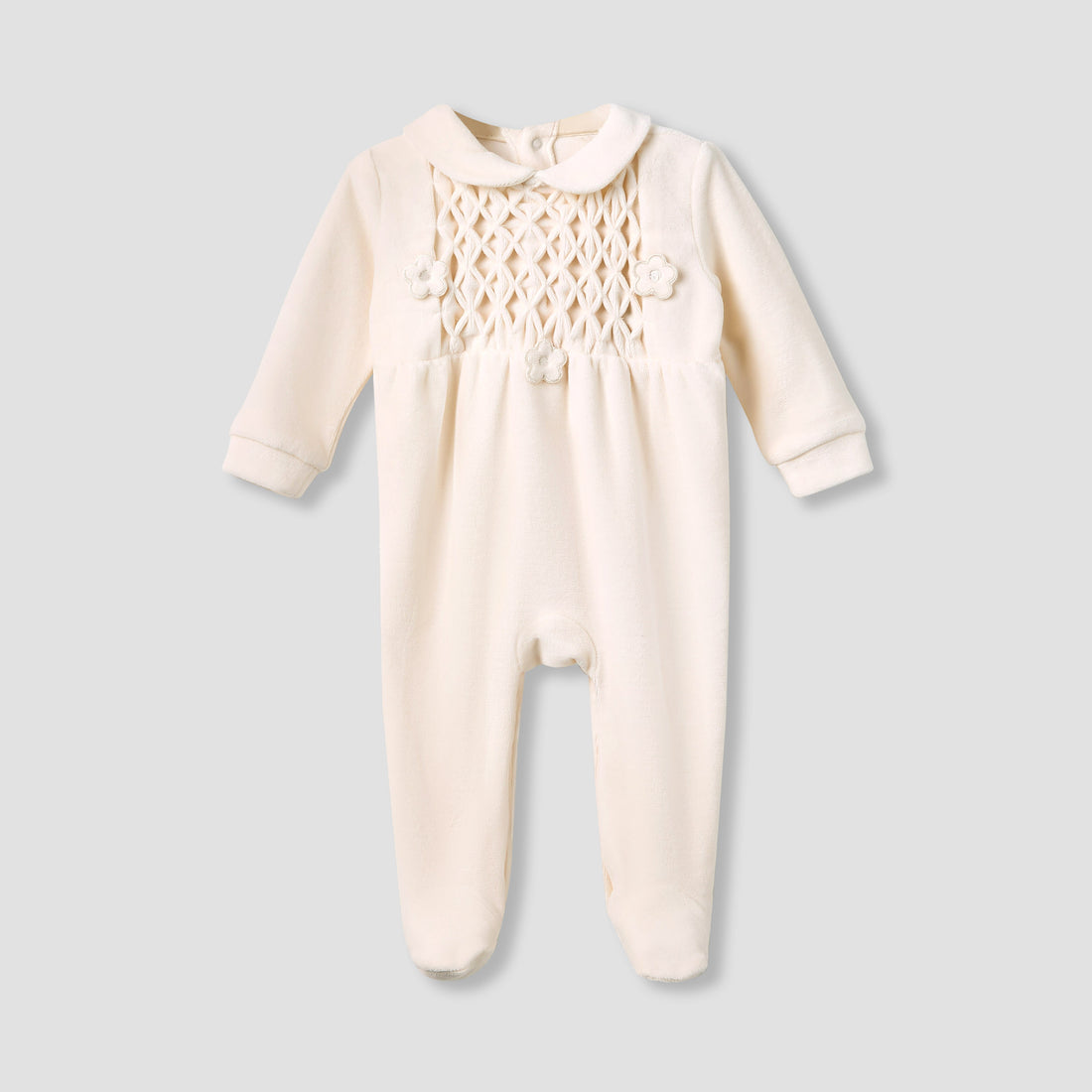 Giggles Collared Sleepsuit with Closed Feet - Velour - Long Sleeves - Cream / 9-12 mths