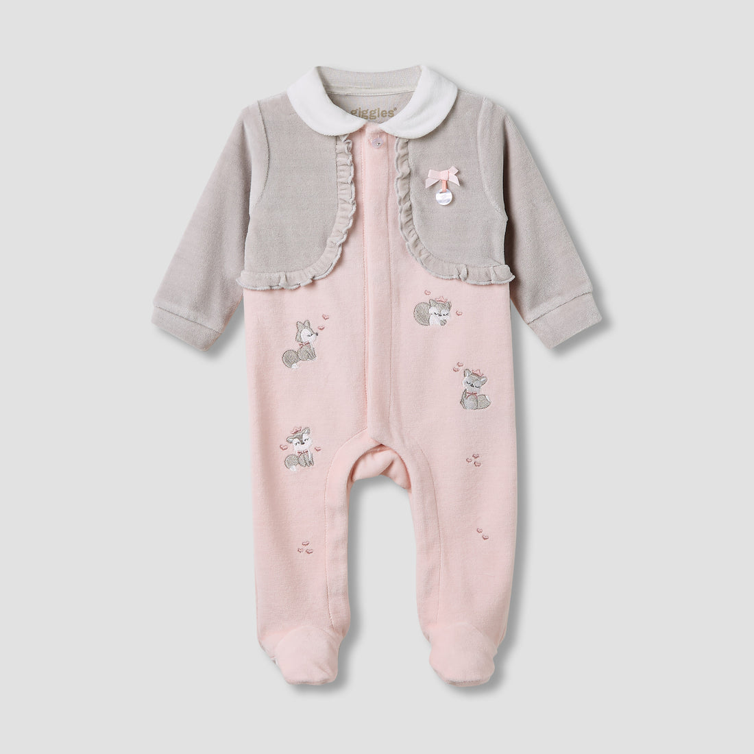 Giggles Collared Sleepsuit with Closed Feet - Velour - Long Sleeves - Pink / 9-12 mths