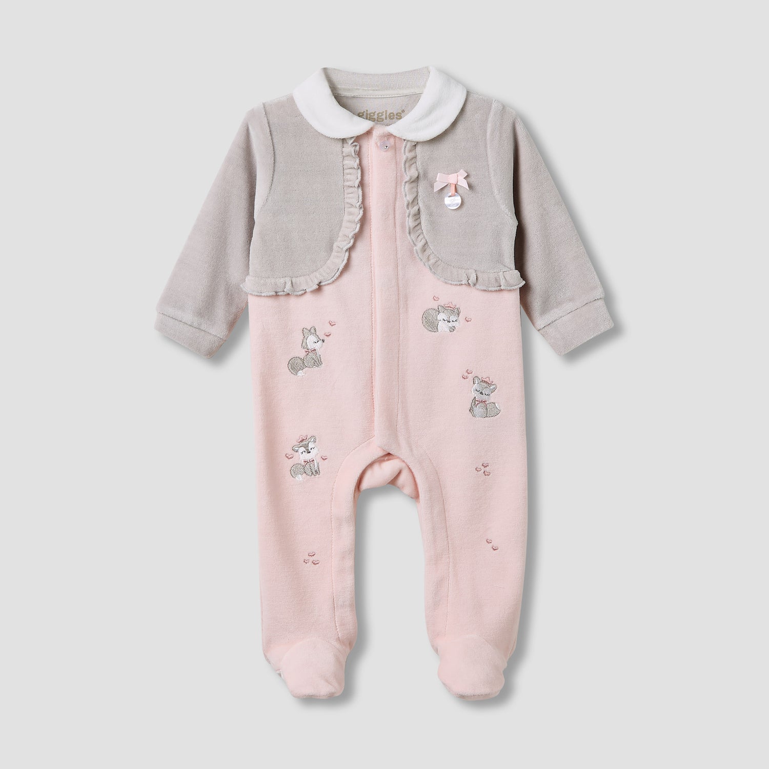 Giggles Collared Sleepsuit with Closed Feet - Velour - Long Sleeves - Pink / 9-12 mths