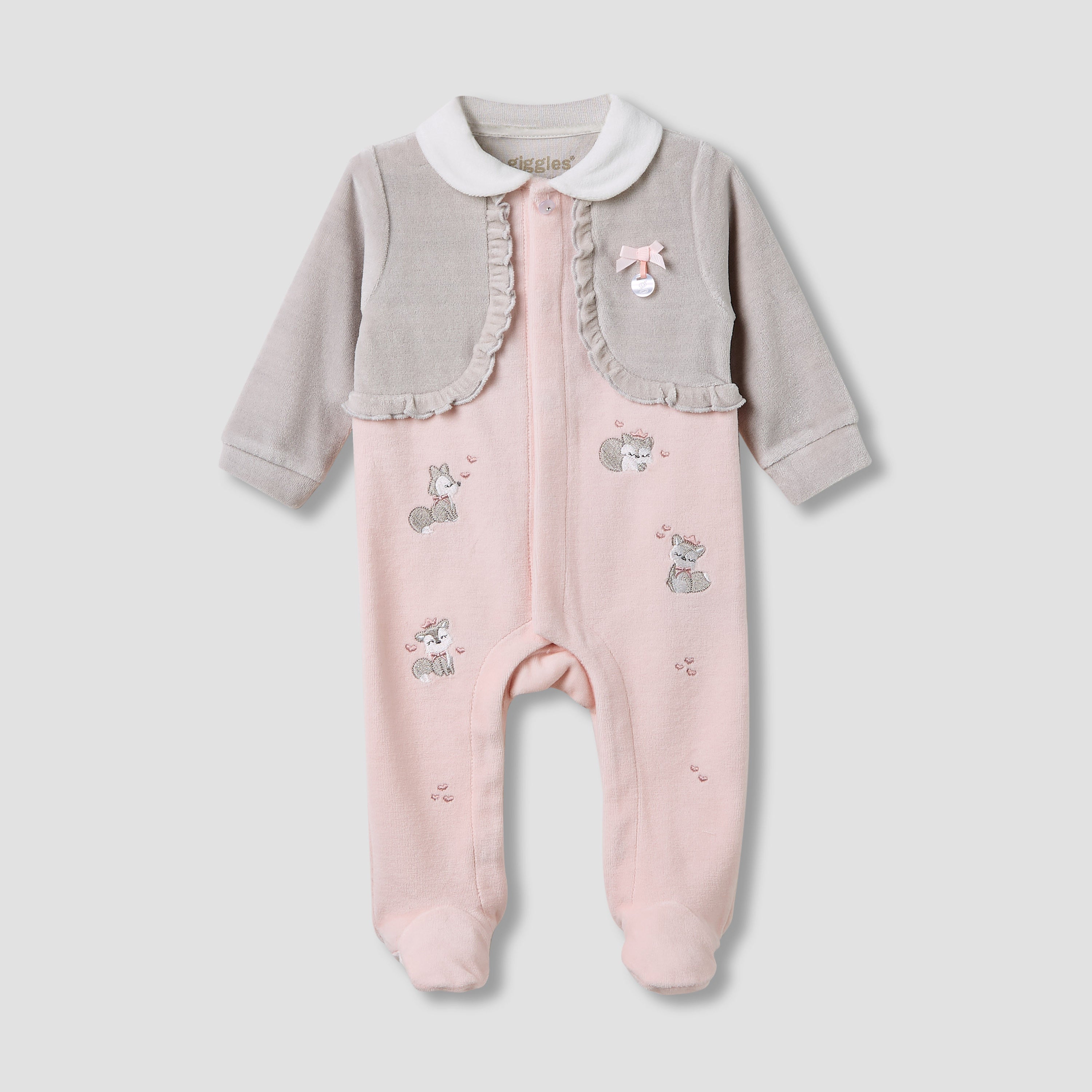 Giggles Collared Sleepsuit with Closed Feet - Velour - Long Sleeves - Pink / 9-12 mths