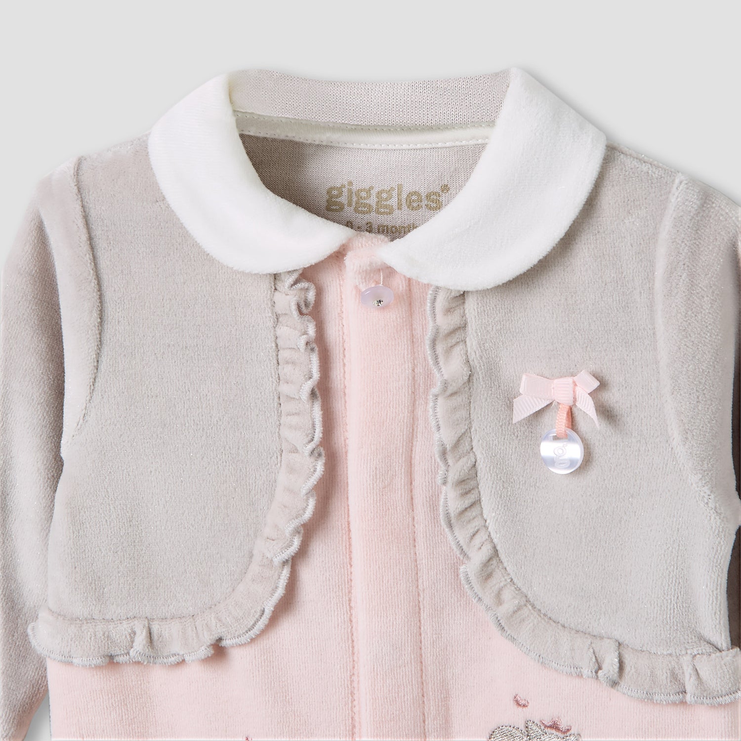 Giggles Collared Sleepsuit with Closed Feet - Velour - Long Sleeves