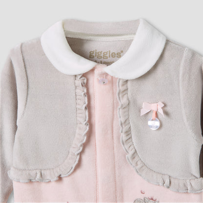 Giggles Velour Collared Long Sleeves Sleepsuit with Fox Embroidery