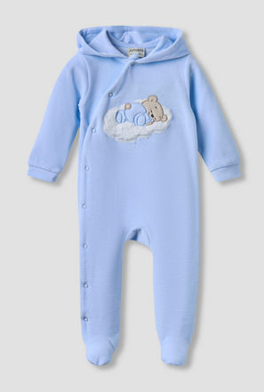 Juniors Hooded Closed Foot Sleepsuit with Bear Applique - Velour - Long Sleeves