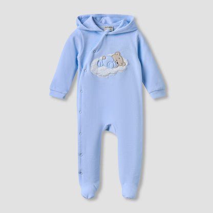 Juniors Hooded Closed Foot Sleepsuit with Bear Applique - Velour - Long Sleeves - Blue / 9-12 mths