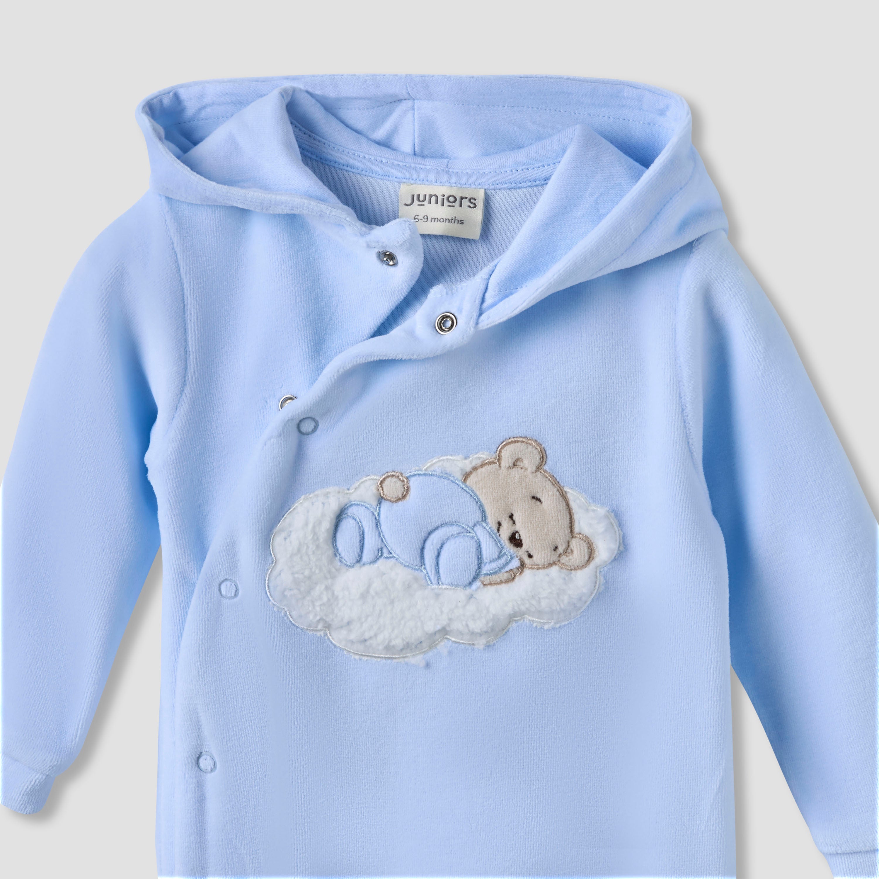 Juniors Hooded Closed Foot Sleepsuit with Bear Applique - Velour - Long Sleeves