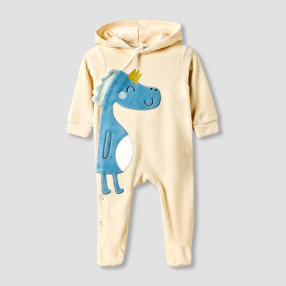 Juniors Hooded Sleepsuit with Dinosaur Applique - Long Sleeves - Yellow / 9-12 mths