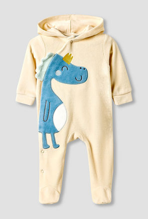 Juniors Hooded Sleepsuit with Dinosaur Applique - Long Sleeves