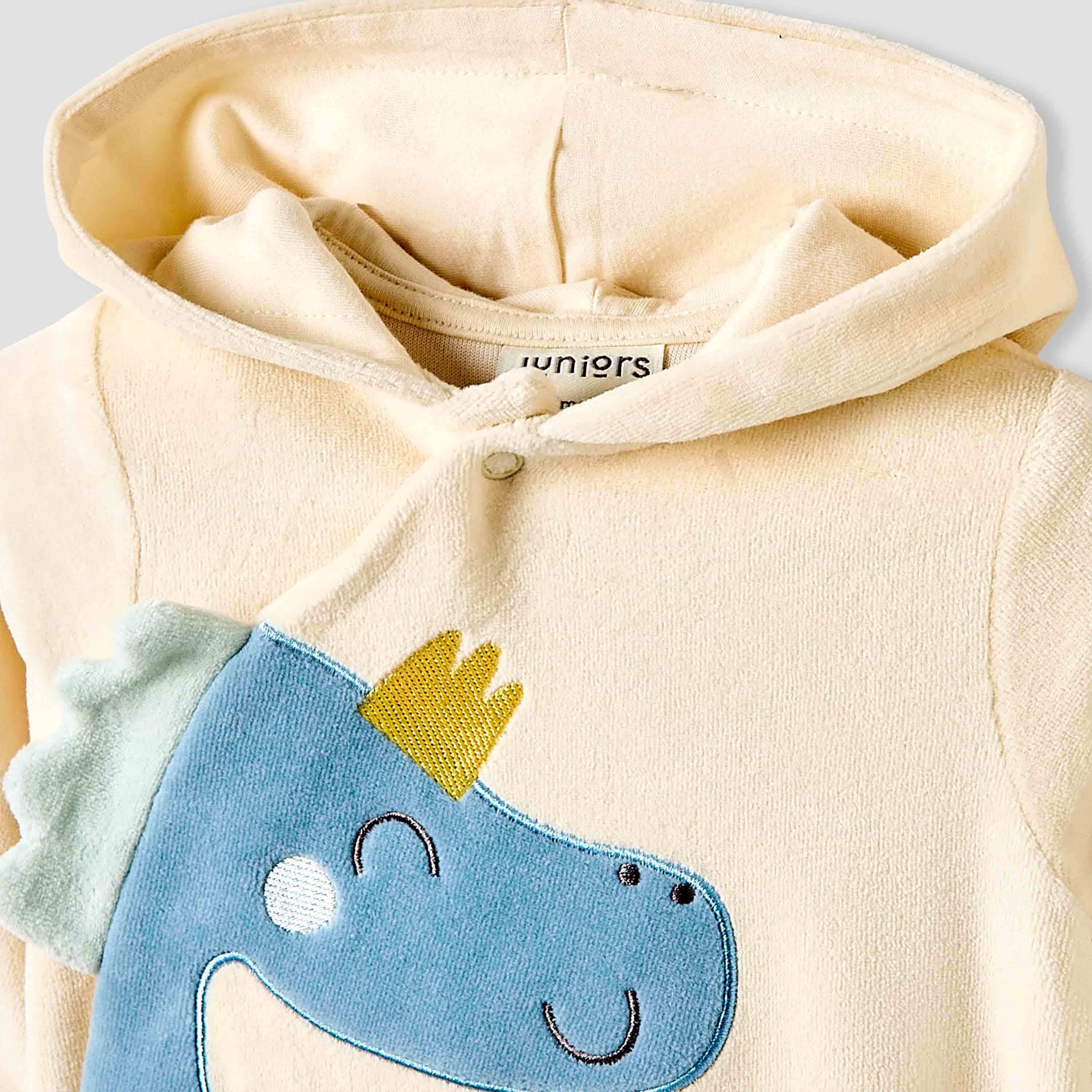 Juniors Hooded Sleepsuit with Dinosaur Applique - Long Sleeves