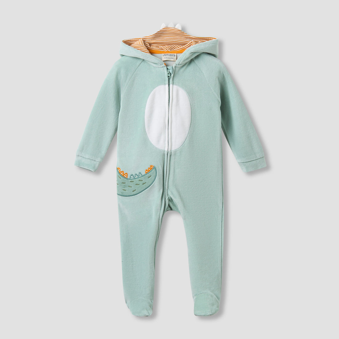 Juniors Hooded Closed Foot Sleepsuit with Alligator Applique - Velour - Long Sleeves - Green / 9-12 mths