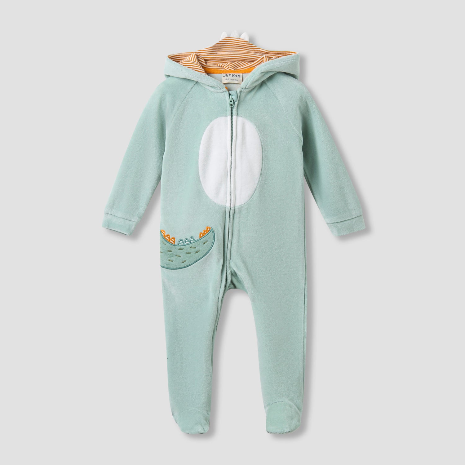 Juniors Hooded Closed Foot Sleepsuit with Alligator Applique - Velour - Long Sleeves - Green / 9-12 mths