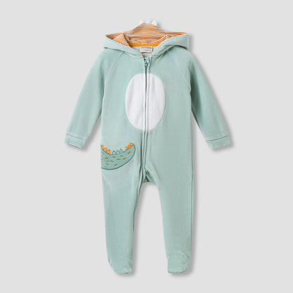 Juniors Hooded Closed Foot Sleepsuit with Alligator Applique - Velour - Long Sleeves - Green / 9-12 mths