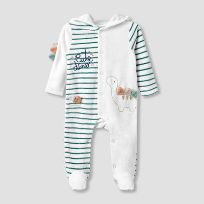 Juniors Hooded Neck Sleepsuit with Closed Feet - Velour - Long Sleeves - White / 9-12 mths