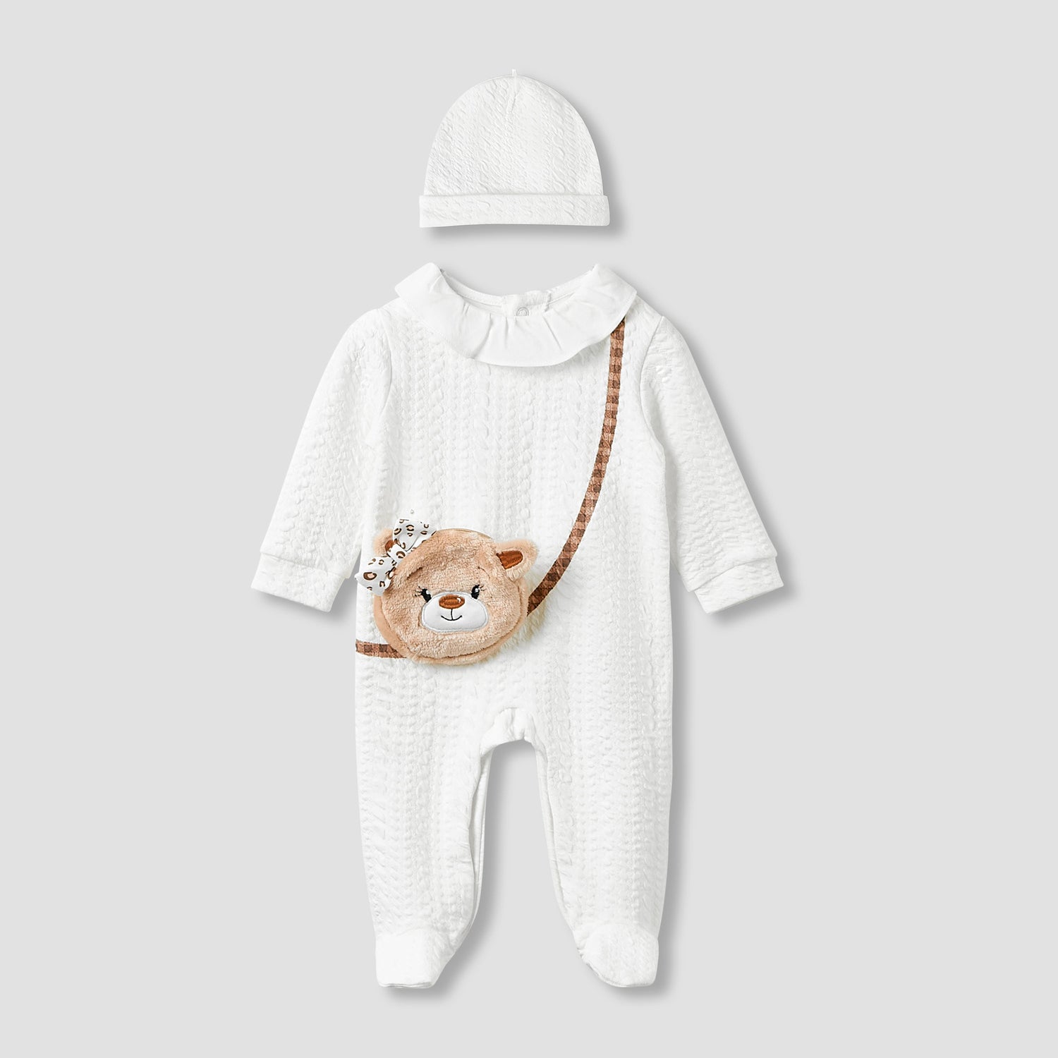 Juniors Collar Neck Sleepsuit with Beanie - Long Sleeves - White / 9-12 mths