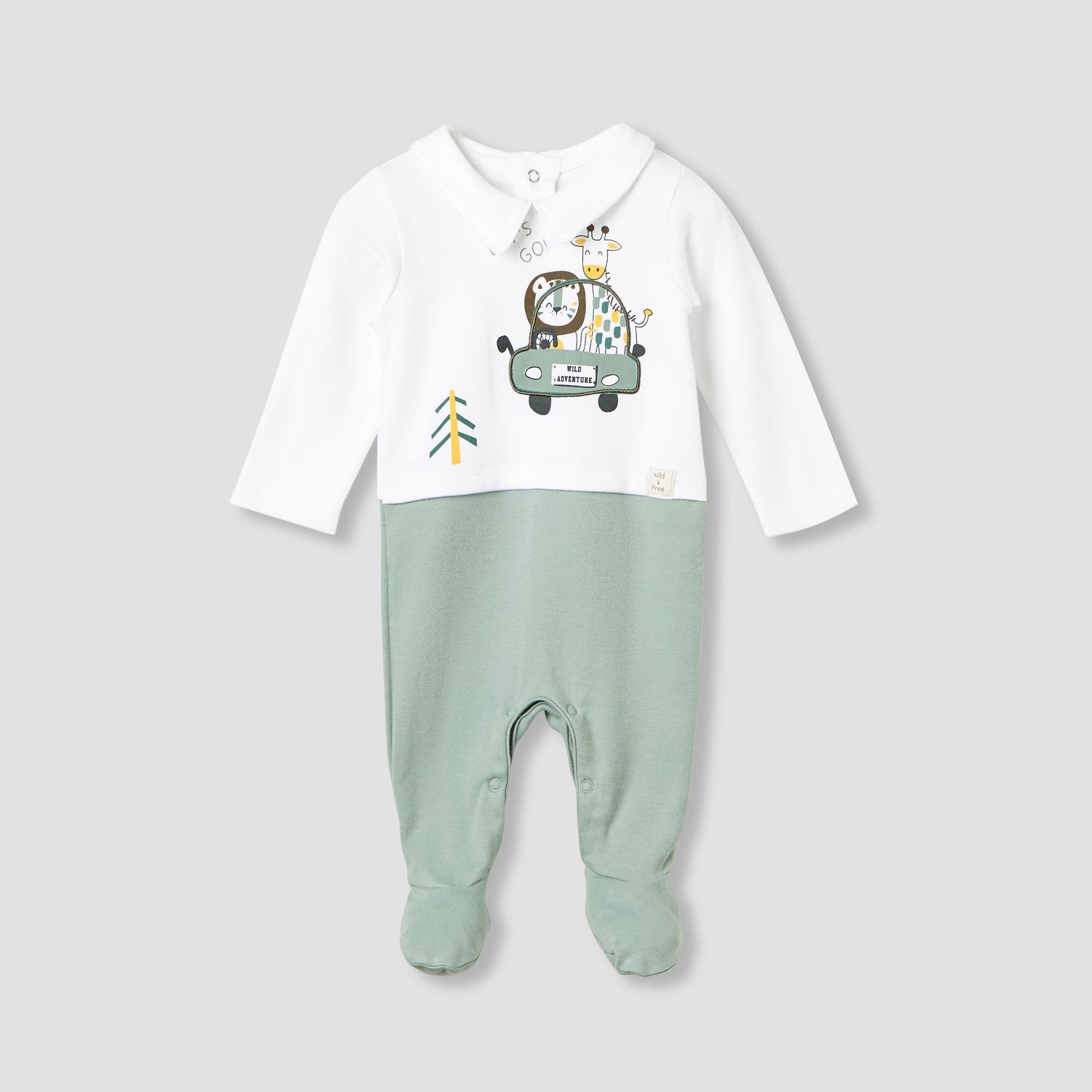 Juniors Collared Sleepsuit with Safari Print - Cotton - Long Sleeves - Green / 9-12 mths