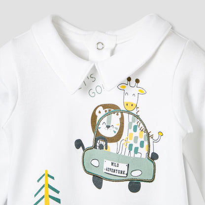 Juniors Collared Sleepsuit with Safari Print - Cotton - Long Sleeves