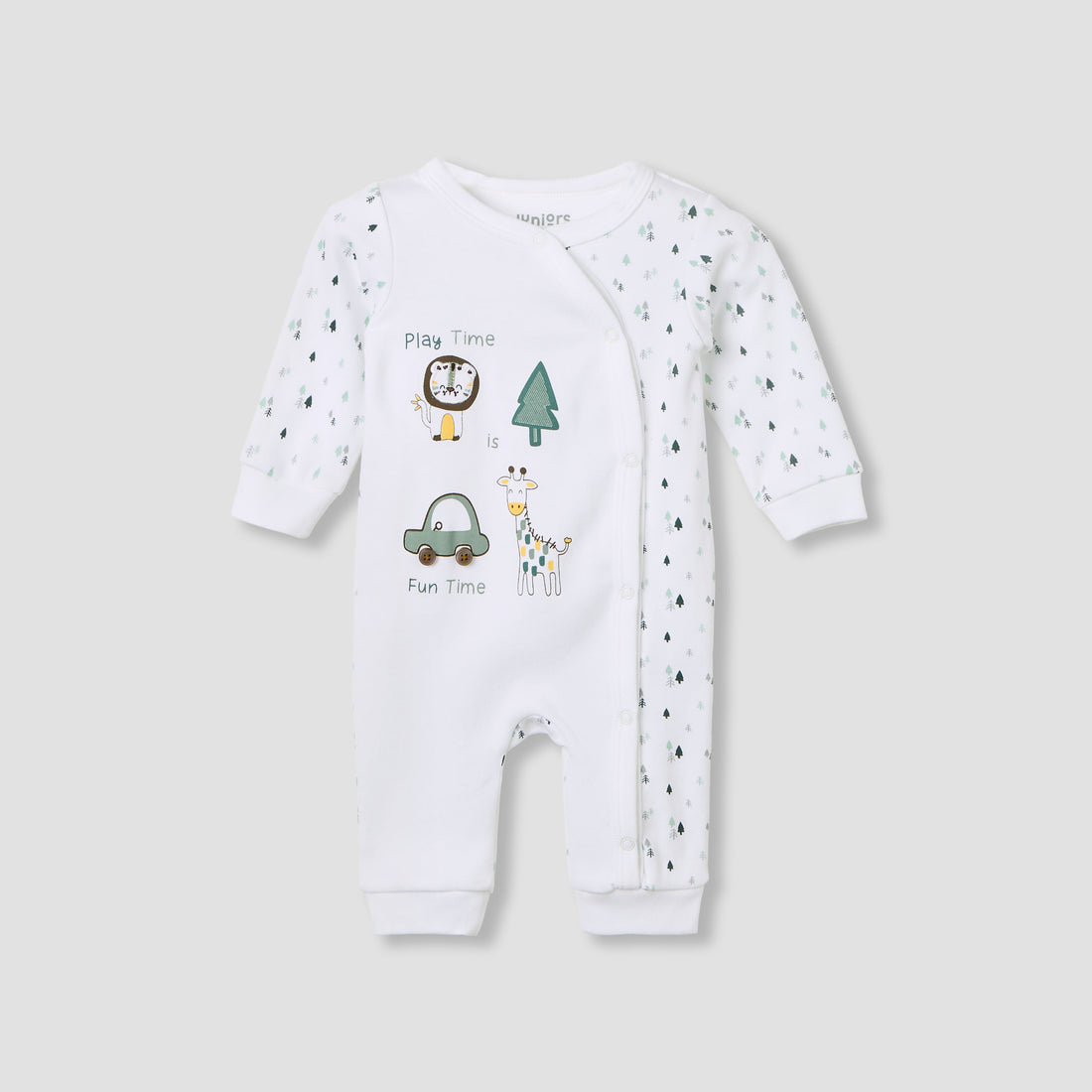 Juniors Crew Neck Sleepsuit with Animal Print - Cotton - Long Sleeves - White / 12-18 mths
