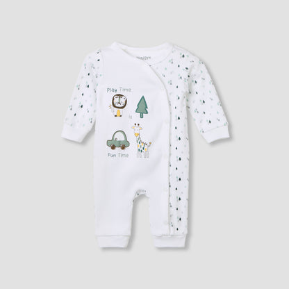 Juniors Crew Neck Sleepsuit with Animal Print - Cotton - Long Sleeves - White / 12-18 mths