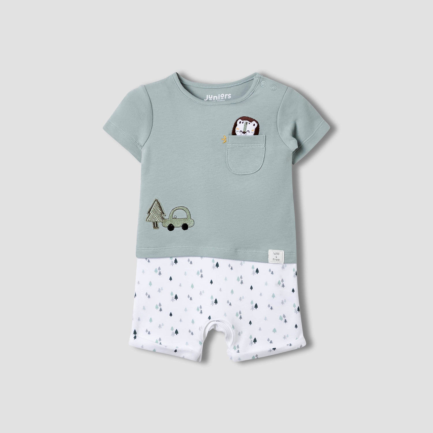 Juniors Round Neck Romper with Fun Embroidery - Cotton - Short Sleeves