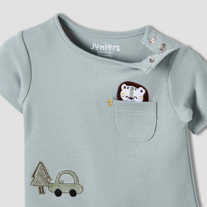 Juniors Round Neck Romper with Fun Embroidery - Cotton - Short Sleeves
