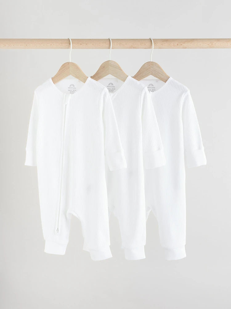 White 100% Cotton Two Way Zip Baby Footless Sleepsuits 3 Pack (0mths-2yrs)