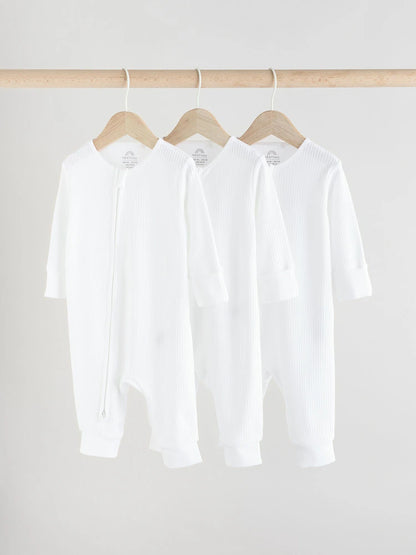 White 100% Cotton Two Way Zip Baby Footless Sleepsuits 3 Pack (0mths-2yrs)