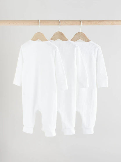 White 100% Cotton Two Way Zip Baby Footless Sleepsuits 3 Pack (0mths-2yrs)