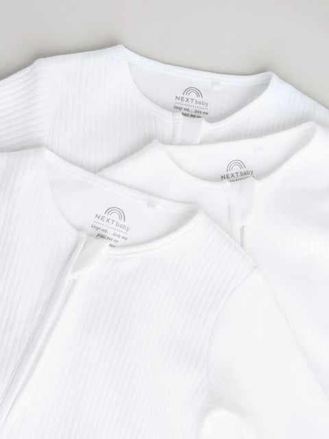 White 100% Cotton Two Way Zip Baby Footless Sleepsuits 3 Pack (0mths-2yrs)