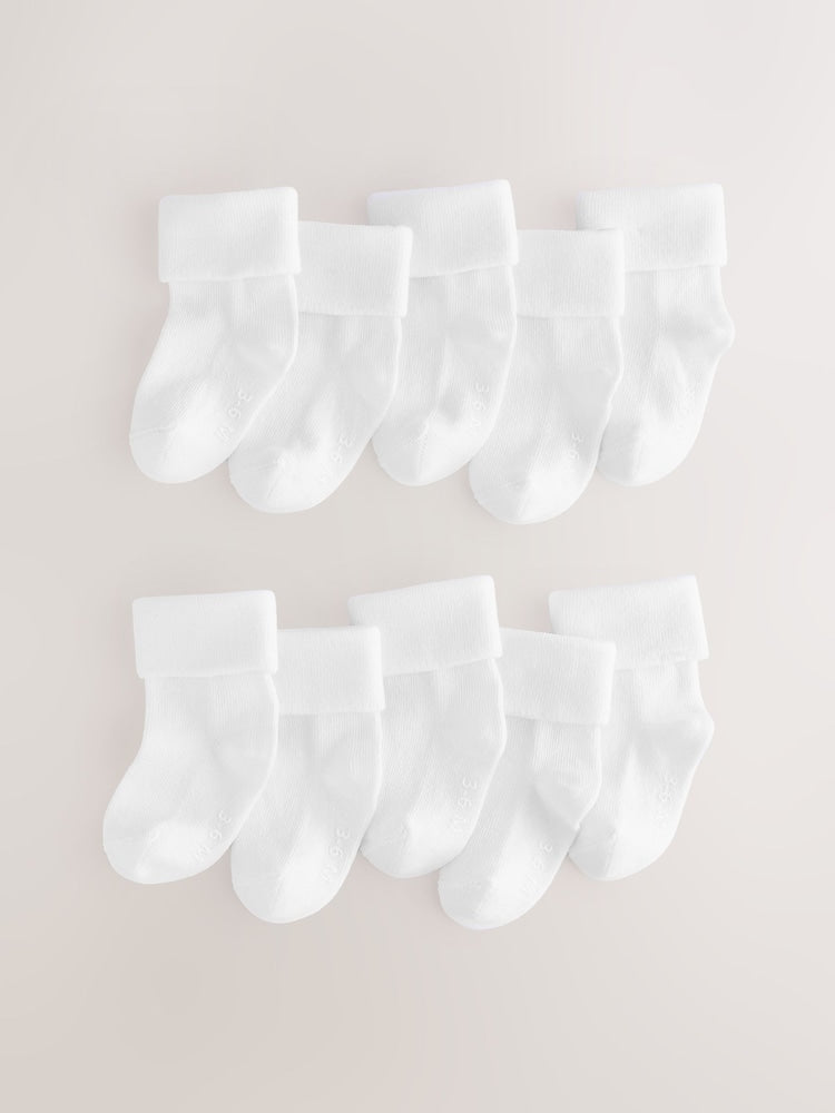 White Roll Top Baby Socks 10 Pack (0mths-2yrs) - Size 50cm (First Size) - White Roll