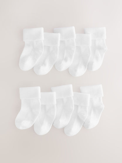 White Roll Top Baby Socks 10 Pack (0mths-2yrs) - Size 50cm (First Size) - White Roll
