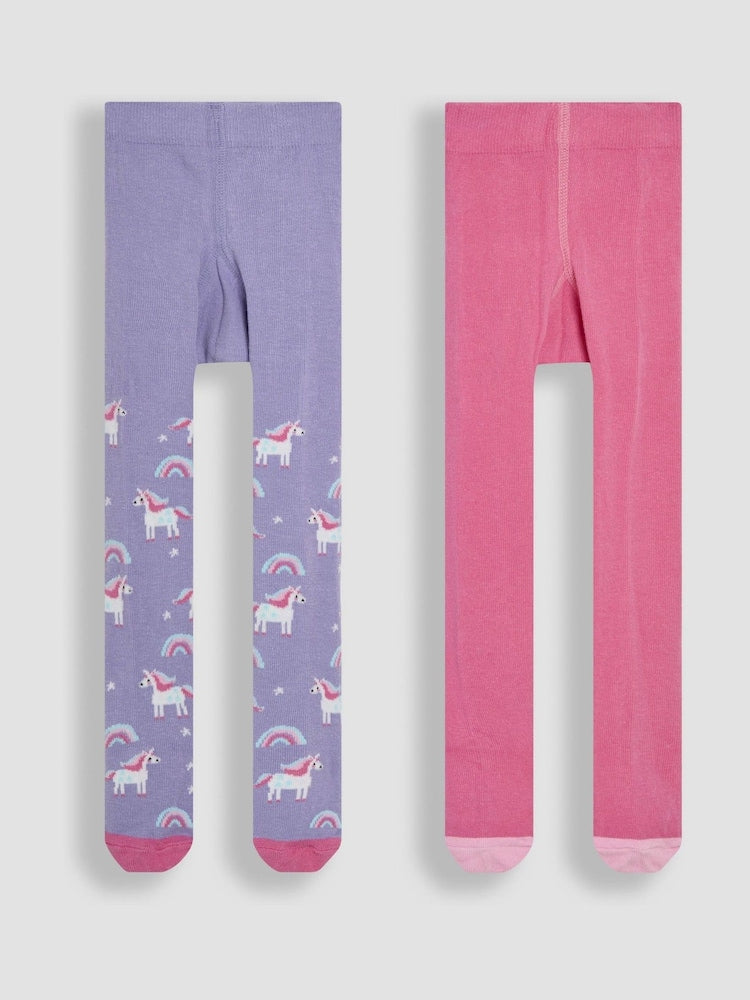 JoJo Maman Bébé Pink Cotton Rich Unicorn Tights 2 Pack - Size Up To 6 Months (50 - 68cm)